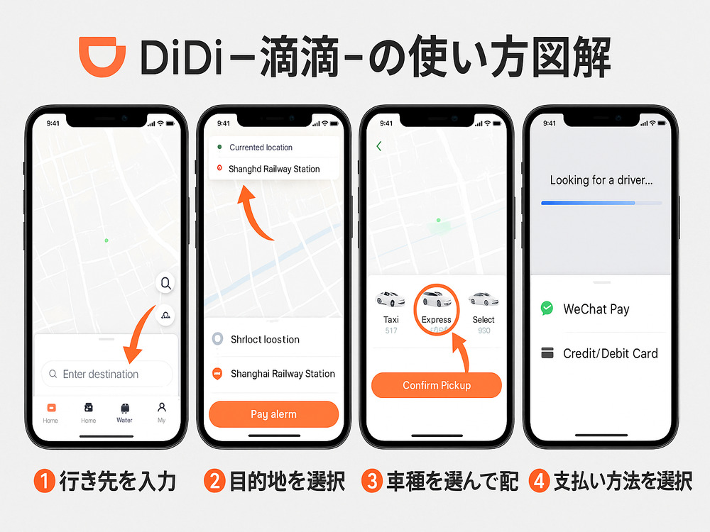 上海　タクシー配車アプリDidi使い方図解イメージ図