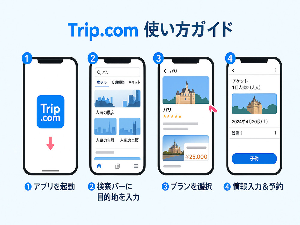 Trip.com　使い方ガイド画面　イメージ図