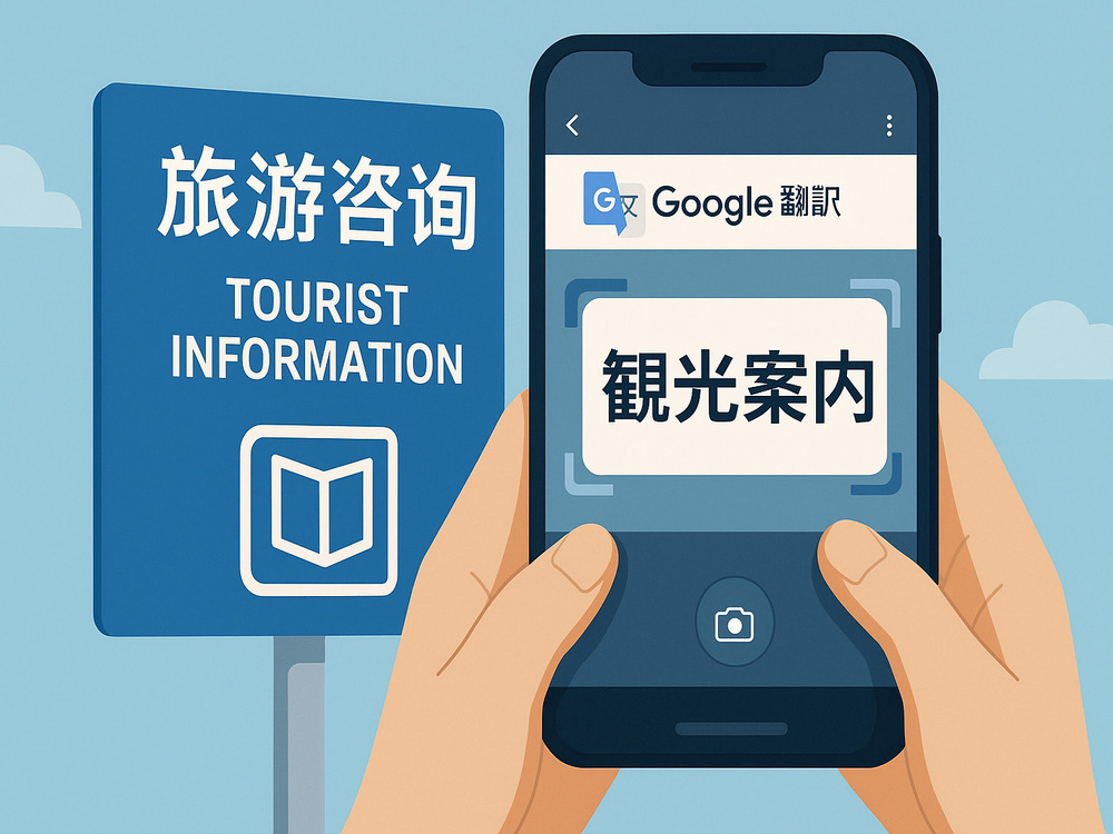 上海の街中で、google翻訳アプリを使って写真翻訳しているイメージ画像