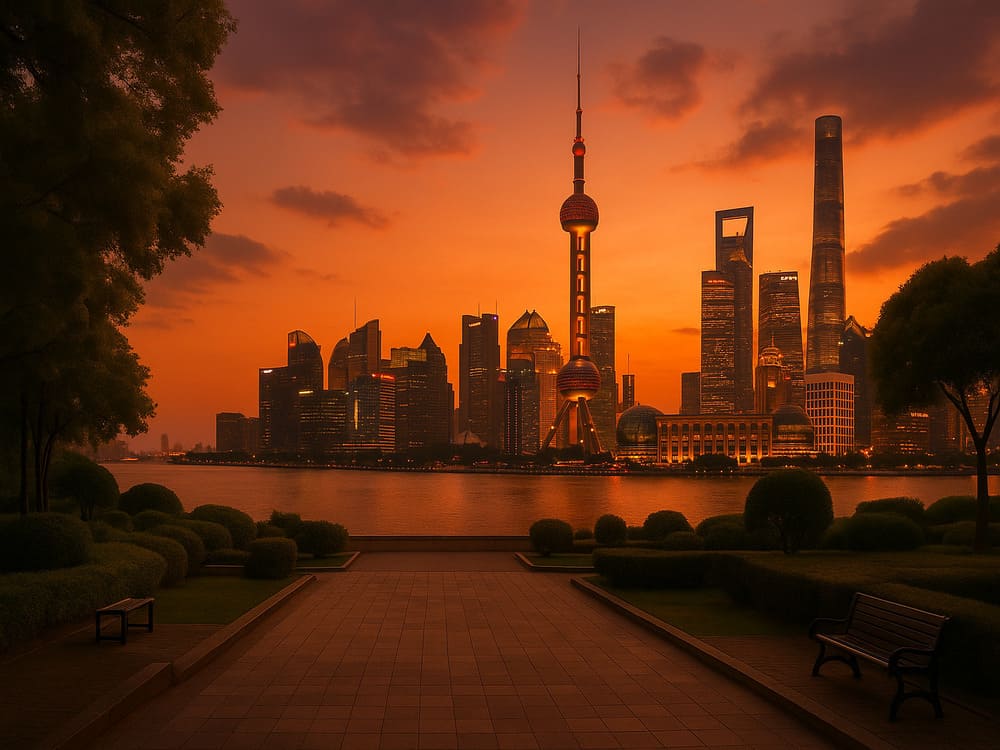 上海 夕暮れの黄浦公園から眺める超高層ビル群