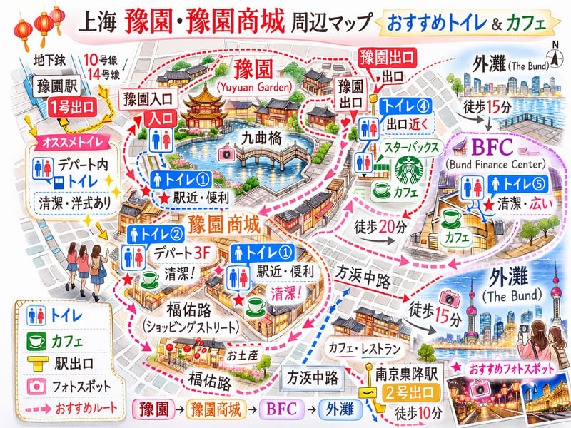 上海豫園・豫園商城周辺のトイレ・カフェのイメージマップ