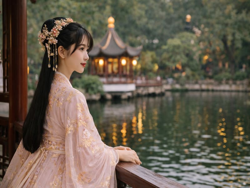 漢服を着て、上海豫園庭園の湖心亭を背景に撮影