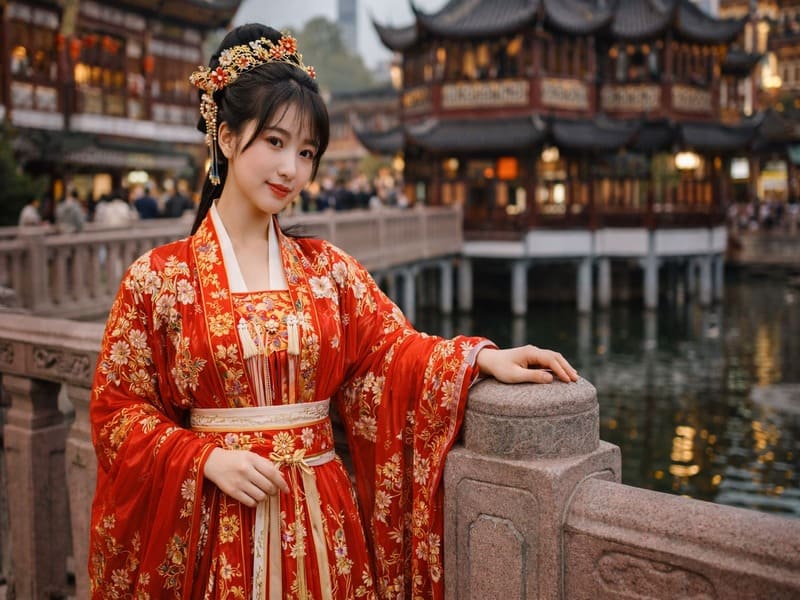 赤い華やかな漢服を着て、九曲橋で撮影