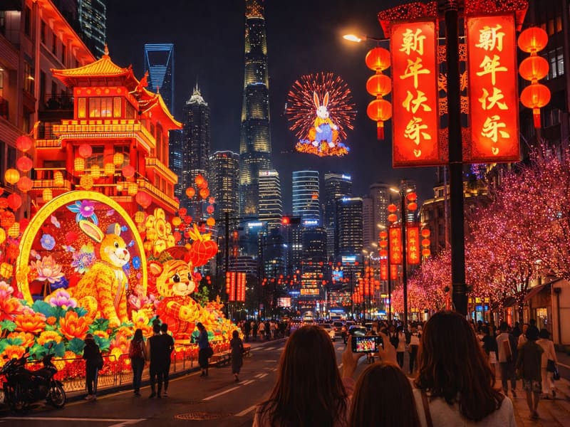 上海豫園から外灘へ向かう街中のランタン装飾のイメージ画像