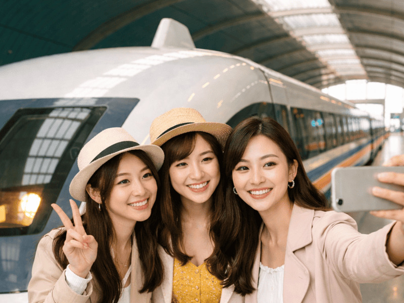 上海浦東空港発リニアモーターカーの前で自撮りする女子3人のイメージ画像