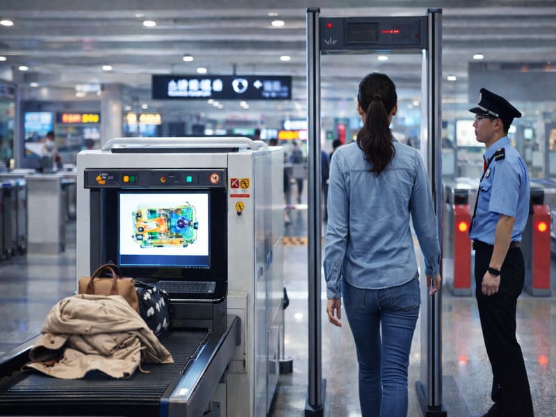 上海地下鉄改札の前のセキュリティチェックのイメージ画像。空港のように手荷物はすべてX線検査機に通す。