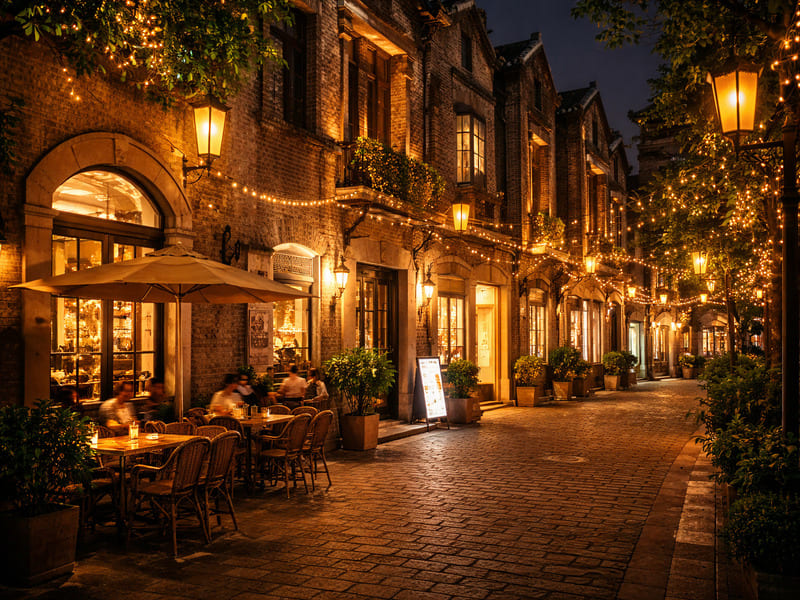 上海新天地 夜のライトアップされた街並みのイメージ画像